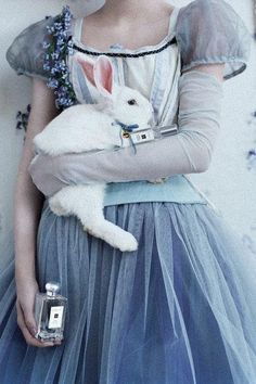 a woman in a blue dress holding a white rabbit on her arm and wearing gloves