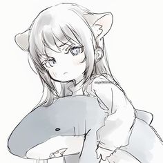 a drawing of a girl with blue eyes and a cat ears on her head holding a stuffed animal