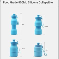 three different views of a blue water bottle with the measurements for each one in front