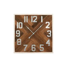 a square wooden clock with white numbers on the face and hands, made out of wood planks