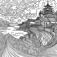 an ink drawing of a landscape with houses and waves