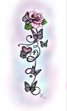 a pink rose and two butterflies on a white background