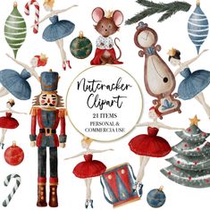 watercolor christmas clipart set with nutcracker, mouse and other holiday decorations