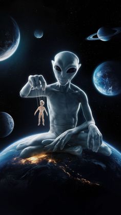 an alien sitting on top of the earth holding a string in his hand and looking at the camera