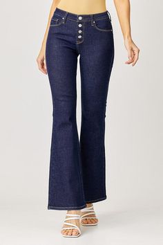 MID RISE BUTTON DOWN FLARE JEANS- Rise 9'5" | Inseam 33" in size 3/26- Model Info: Height 5'10" | Waist 23.5" | Hips 36"73% COTTON, 25% POLYESTER, 2% SPANDEX Spring Dark Wash Bottoms With Standard Cut Leg, Chic Shack, Flared Jeans, Colored Denim, The Chic, Dark Denim, Flare Jeans, Mid Rise, Button Downs