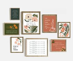 a set of six framed art prints with different sayings and flowers on the wall