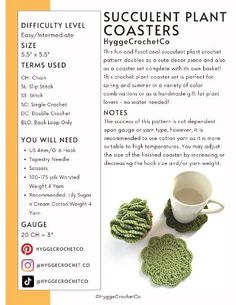 the instructions for crocheted succulent plant coasters are shown in white and green