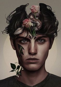 a painting of a man's face with flowers and snakes on his head, surrounded by roses