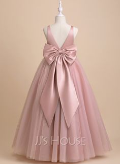 Ball-Gown/Princess V-Neck Floor-Length Satin/Tulle Flower Girl Dress (010236814) - JJ's House Blue Princess Dress, Kids Christmas Dress, Princess Flower, Ball Gowns Princess, Bridesmaid Pearls, Tulle Flower Girl, Satin Tulle, Girls Christmas Dresses