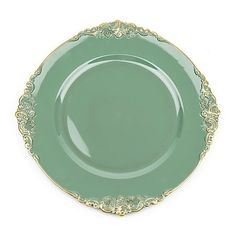 a green plate with gold trimmings on the edge and bottom, against a white background