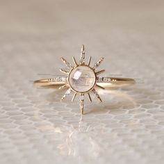 Gorgeous Moonstone Sun Design Ring, SI Clarity Diamond Starburst Ring, 14K Gold Diamond Ring , Moonstone Ring, Dainty Wedding Ring, Engagement Ring, Petite Ring For Her, Fine Handmade Beautiful Jewelry. Product info: Item Code - 1356 14k solid gold natural diamond - white diamond white diamonds, I color, SI clarity Gemstone : Moonstone  Ring Size 7 Item will be resized and shipped within 10 days. ITEM Will BE SHIPPED : India Speed Post To get the item in 4-5 days, we can also ship it thru DHL ex Engagement Rings Sun, Sun Wedding Ring, Sun Engagement Ring, Moonstone Engagement Rings, Engagement Ring Moonstone, Rings With Gemstones, Carcase Iphone, Moonstone Wedding Ring, Nature Wedding Ring