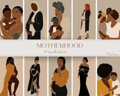 a series of images showing different types of women and men in various poses, with the words motherhood written above them