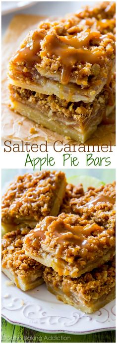 salted caramel apple pie bars are stacked on top of each other and ready to be eaten