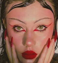 Red Graphic Liner, Makeup Runway, Eyeliner Aesthetic, Jazz Performance, Ball Makeup, Red Eyeliner, Monochrome Makeup, Show Makeup, Winter Ball