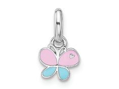 Rhodium over sterling silver children's pink and blue color enameled small butterfly pendant with polished finish. Measures approximately 1/2"L x 1/4"W. Cute Multicolor Sterling Silver Jewelry, Nickel Free Pink Sterling Silver Charms, Cute Silver Jewelry With Butterfly Charm, Personalized Pink Sterling Silver Charms, Pink Sterling Silver Charms, Pink Sterling Silver Butterfly Jewelry, Sterling Silver Jewelry With Pink Butterfly Charm, Pink Sterling Silver Jewelry With Butterfly Charm, Cute Pink Necklaces With Butterfly Charm