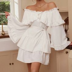 Off Shoulder Belted High Waisted Ruffle Tiered Layered Non Stretch 100% Polyester Shop Our Full Collection Of: Romantic Date Night Bride Lingerie Winter Fall Summer Spring Boho Gypsy Hippie Beachy Birthday Gift Resort Bohemian Girly Trendy Minimalist Y2k College 90s 00s Vintage Wedding Guest Engagement Party Bachelorette Vacation Cruise Travel Western Aesthetic Vibe Retro Christmas Thanksgiving Holiday Chic Casual Dressy Preppy Tiktok Classic Classy Work Office Business Contemporary Professional Casual Off-shoulder Ruffle Dress, Off-shoulder Ruffled Dress For Casual Wear, White Off-shoulder Ruffled Dress, White Off-shoulder Dress With Ruffles, Elegant Daywear Mini Dress With Tiered Skirt, Elegant Mini Dress With Tiered Skirt For Daywear, Elegant Tiered Skirt Mini Dress For Daywear, Elegant Tiered Skirt Dress For Day Out, Fitted Belted Tiered Dresses