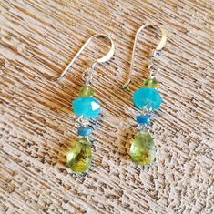 Amazonite, Peridot Briolette Chandelier Earrings. Neon Apatite Accent. Natural Gemstones. Sterling Silver Findings And Ear Wires. Drop Length 1". Chip Bead Jewelry, Easy Earrings, Disney Earrings, Beaded Earrings Diy, Faux Pearl Earrings, Light Earrings, Earrings Diy, Long Drop Earrings, Cz Stud Earrings