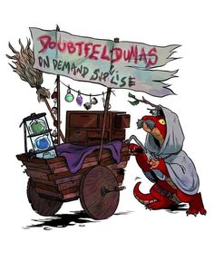 a cartoon character pushing a cart with a sign on it that says dubutee dumas on demand skils