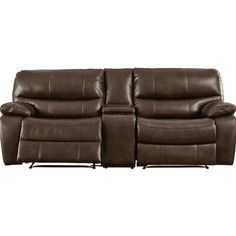 a brown leather reclining sofa with two seats on top of the back and one arm facing