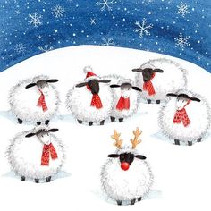 a group of sheep wearing red scarfs in the snow