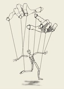 a drawing of two people holding onto strings with one hand and the other leg in the air