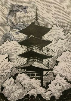 an ink drawing of a pagoda in the clouds