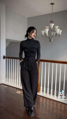 Semi Formal Edgy Outfits, Dark Academia Outfit Office, High Class Goth, Edgy Semi Formal Outfit, Classy But Edgy Outfits, Modern 1800s Fashion, All Black Layered Outfit, Punk Wedding Guest Outfit, Elegant Witch Outfit