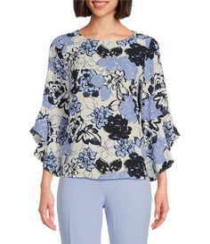 From Kasper&#x2C; this blouse features: Woven fabrication Crew neckline 3/4 ruffled sleeves Floral print Unlined Pullover construction Approx. length 23" length Polyester Machine wash/dry flat Imported. Elegant Ruffle Sleeve Blouse With Floral Print, Elegant Ruffle Sleeve Floral Print Blouse, Printed Fitted Blouse With Ruffle Sleeves, Fitted Printed Blouse With Ruffle Sleeves, Elegant Blouse With Floral Print And Ruffle Sleeves, Floral Print Ruffle Sleeve Top For Work, Ruffled 3/4 Sleeve Tops For Work, Workwear Tops With Floral Print And Ruffle Sleeves, Printed Blouse With Ruffle Sleeves