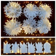 paper snowflakes are hanging from string lights