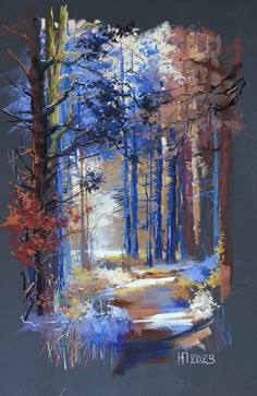 an oil painting of trees in the woods