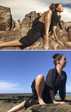 two photos of a woman sitting on rocks and another photo of a woman laying down