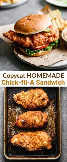 chicken fill - a sandwich on a tray with the words copycat homemade chick - fil - a sandwich