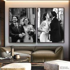 two black and white pictures of a bride and groom kissing in front of a couch