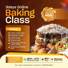 a flyer for a bakery class with an image of a large cake on top of it