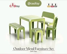 the outdoor metal furniture set is green and has four chairs, one table and two stools