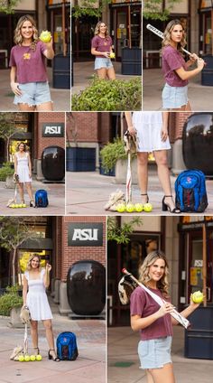 a woman holding a tennis racquet on top of a tennis ball while standing in front of a building