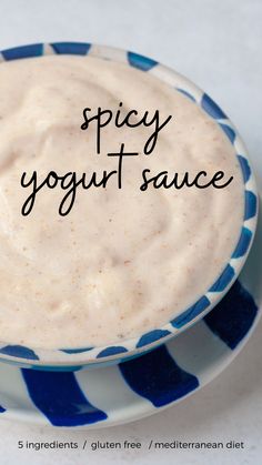 a bowl of yogurt sauce with the words spicy yogurt sauce on it