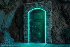 an open door in a stone wall with green light coming from the entrance to it