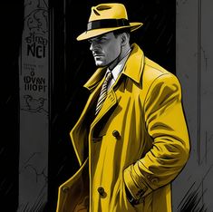 a man in a yellow trench coat and hat