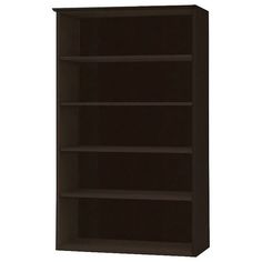 a brown bookcase with three shelves on each side and one door open to reveal the bottom