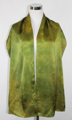 "Hand dyed 12mm satin silk, 14\"x72\" Light green abstract satin scarf, this elegant scarf is one of kind and ready to ship. These are a medium weight silk with a great drape and flow. Silky with an extremely smooth shiny top surface, this is what many people think of when they think \"silk\". Nice when you want something more luxurious and less sheer. The lustrous satin surface is wonderful for painting! They have hand rolled hems with 100% silk thread Product information: Designer - Mary Jane Elegant Scarf, Satin Scarf, Elegant Scarves, Silk Scarf Painting, Hand Painted Silk Scarf, Green Abstract, Hand Painted Silk, Satin Silk, Rolled Hem