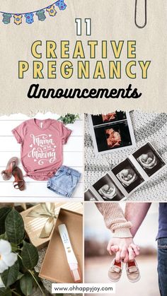 an image of some pictures with the words 11 creative pregancy announcements on them