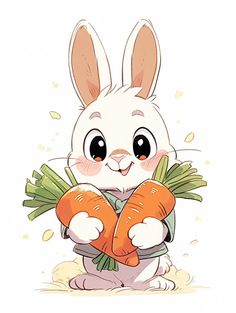 a white rabbit holding two carrots in its paws