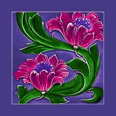 two pink flowers with green leaves on a purple background