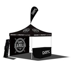 a black and white tent with the logo on it