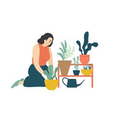 a woman is sitting on the floor next to potted plants