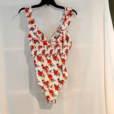 Nwt Cupshe Women's Floral Swimsuit In L. Adjustable Straps, Ruffled Front, Comes Without Hygiene Liner. White Floral Print V-neck Swimwear, Summer Red Printed Bodysuit, Red Bodysuit For Pool In Spring, Spring Beach Red Bodysuit, Red Bodysuit For Pool Occasion In Spring, Red Bodysuit For Spring Pool Occasion, White Swimwear For Spring Holiday, Red Lined Body Swimwear For Spring, Red Stretch Swimwear With Floral Print