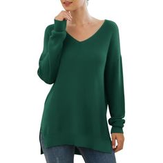 JWD Women's V-Neck Long Sleeve Side Split Loose Casual Knit Pullover Sweater Blouse Size: 2XL.  Color: Green.  Gender: female.  Age Group: adult. Comfortable Sweater, Blouse Material, Knitting Women Sweater, Pullover Sweater Women, Knit Pullover, Knitted Pullover Sweaters, Side Split, Sweater Blouse, Amazon Women