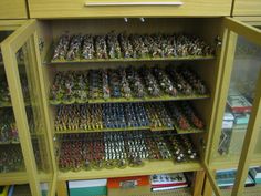 a display case filled with lots of small toy figurines and toys on shelves