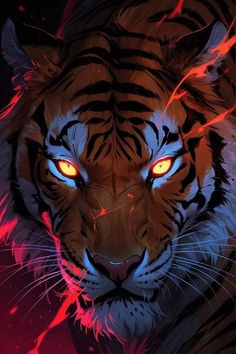 a tiger's face with glowing red eyes